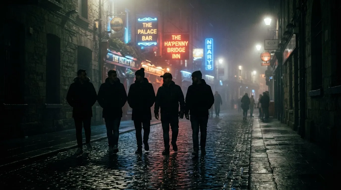 Group walking Dublin streets at night